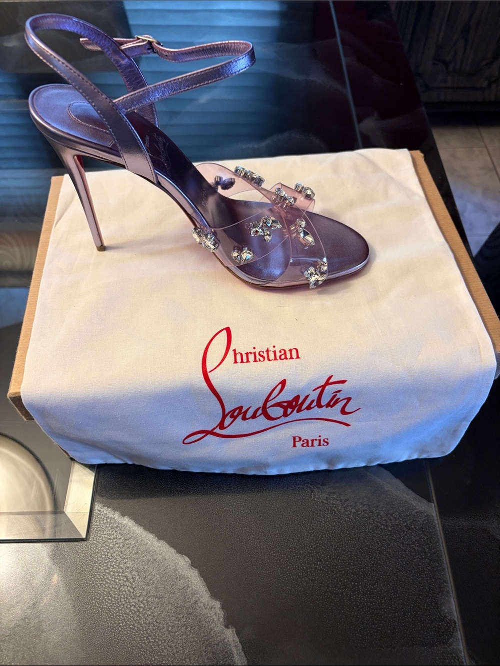 Christian Louboutin Metallic Purple Crystal Strap Stilettos